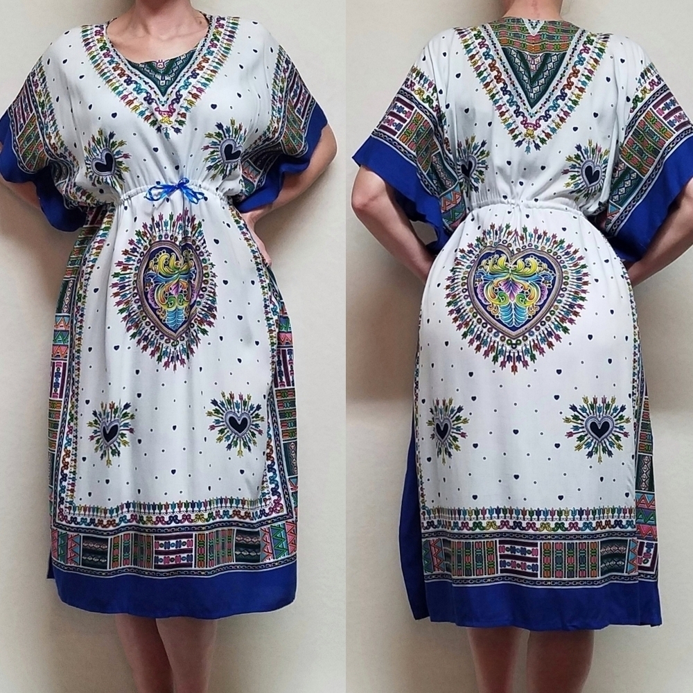 Retro Y2K Handmade Multi-color Heart Lightweight Tie-Waist Midi Kaftan Dress